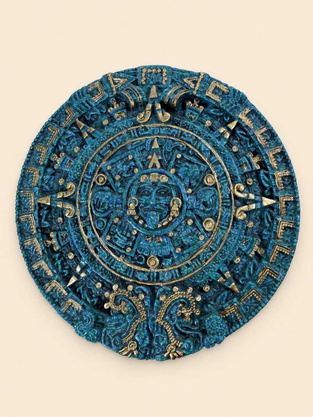 Aztec Calendar Plaque, Turquoise Gold Sun Stone, Relief Wall Decor
